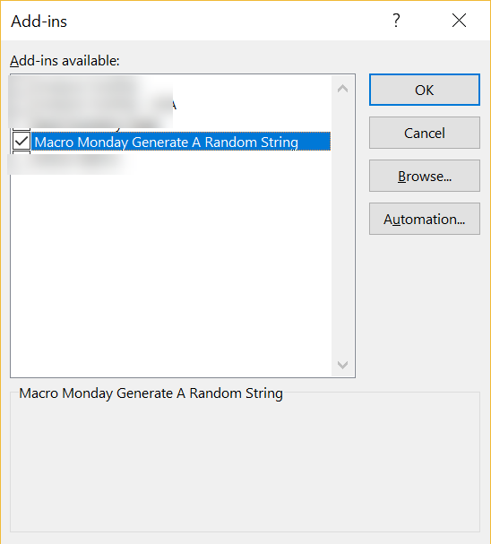 Excel  add in random string generator in Excel