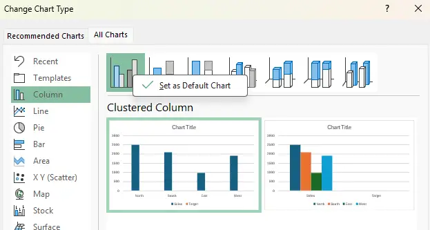 Set the default chart type in Excel