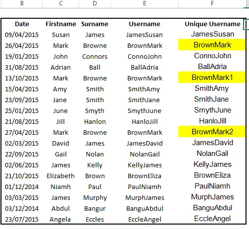 generate unique usernames in excel with countif