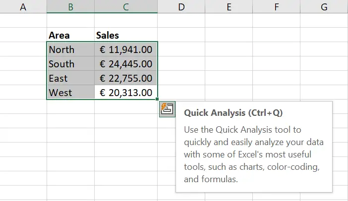 Quick Analysis feature in Excel shortcut