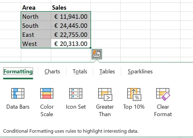 Excel Quick analysis options