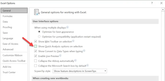turn off quick analysis tool in excel