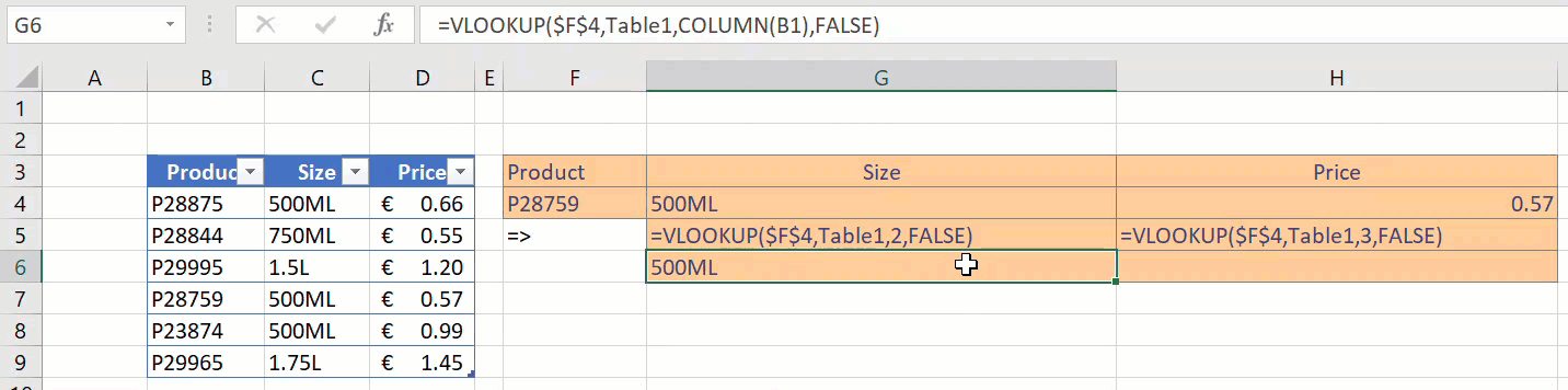 vlookup with dynamic column in Excel