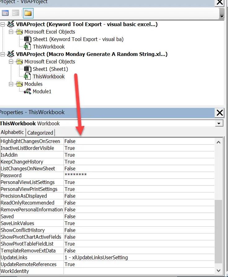 Excel Visual Basic Properties Window in the developer tab