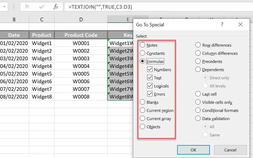 GoTo Special dialog box hide Excel formulas and lock cells