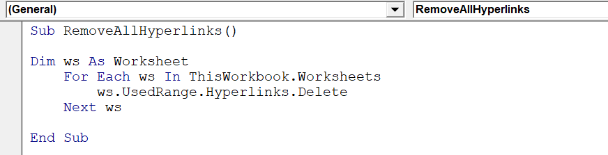 macro to remove all hyperlinks from Excel workbook