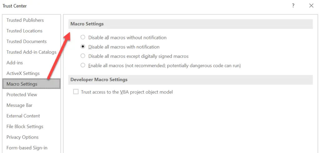 Excel Developer Macro Settings