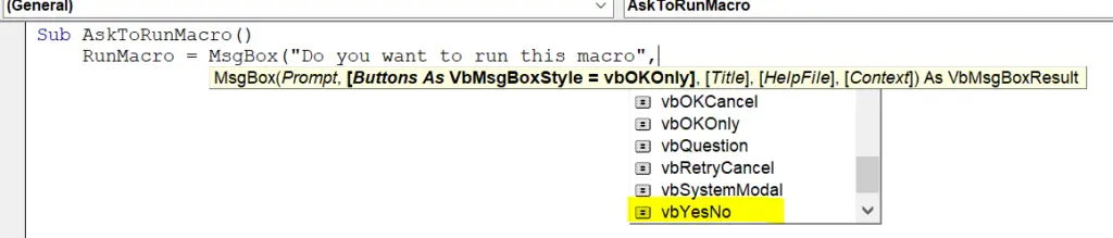 use an Excel VBA message box to confirm a user wants to run the macro code